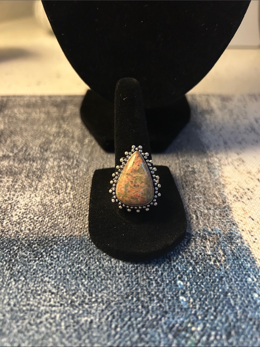 Sterling Silver Unakite Teardrop Gemstone Ring Size 8